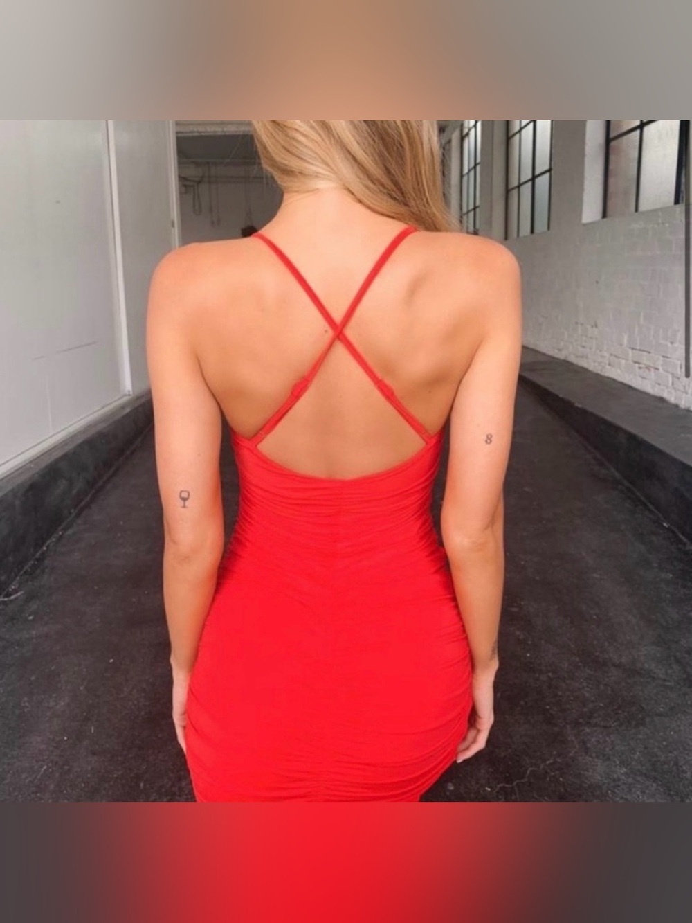 Tiger Mist Red Ruched V-Neck Bodycon Mini Dress - Picture 3 of 8